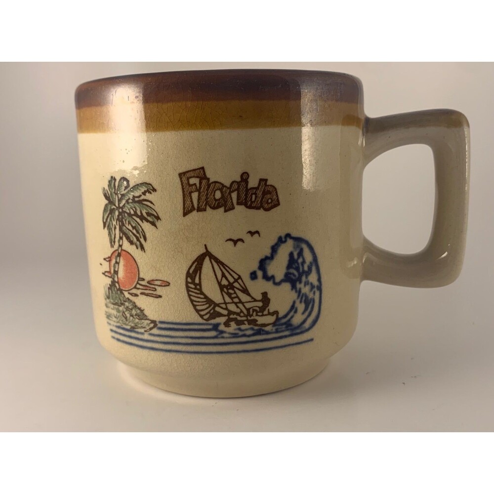 Vintage Florida Souvenir Coffee Mug Beige with Brown Rim Sailboat Ocean Gulf 70s
